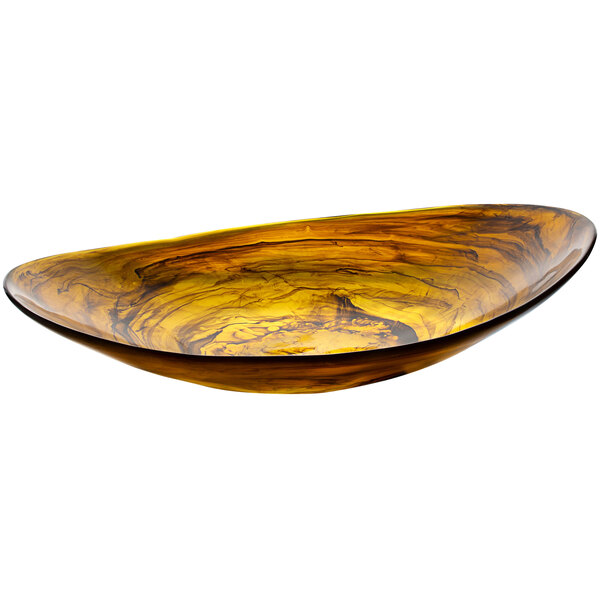 A yellow Bon Chef oval bowl with black veins.