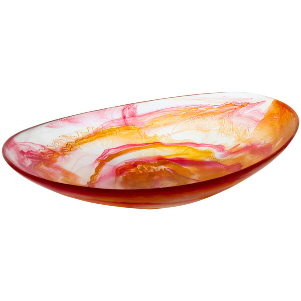 A close up of a Bon Chef oval shallow bowl with a red and yellow swirl design.