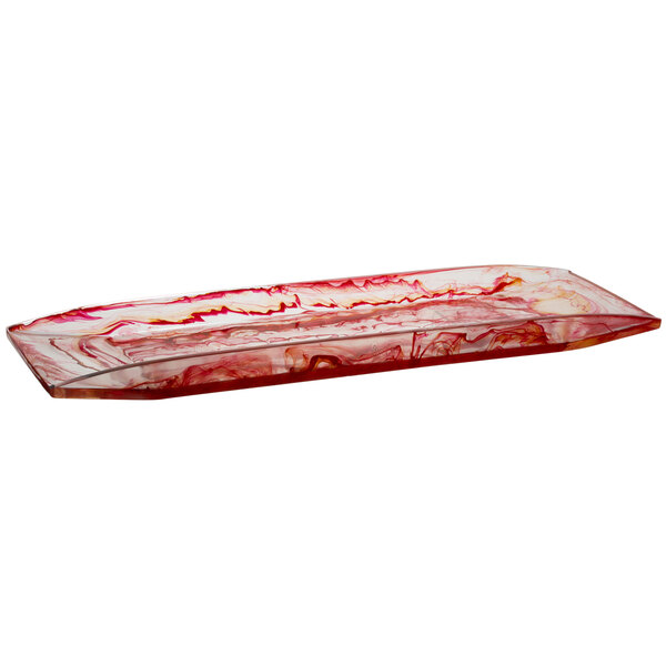 A red rectangular Bon Chef resin platter with a white design.