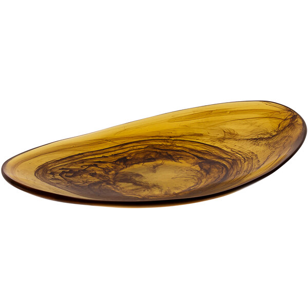 An oval brown Bon Chef shallow bowl with a swirl design.
