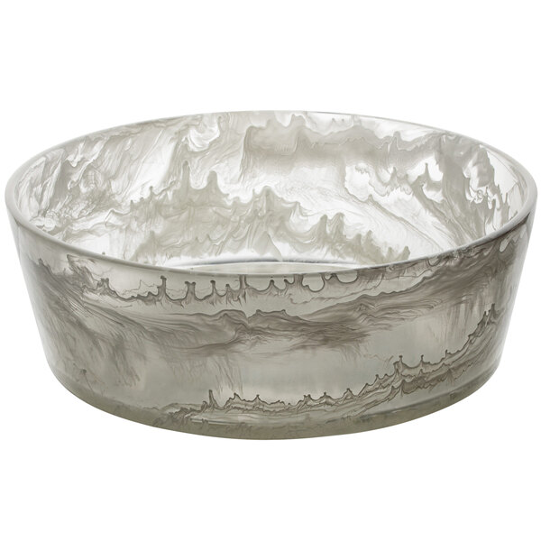 A Bon Chef round resin bowl with a swirl pattern in silver and white.