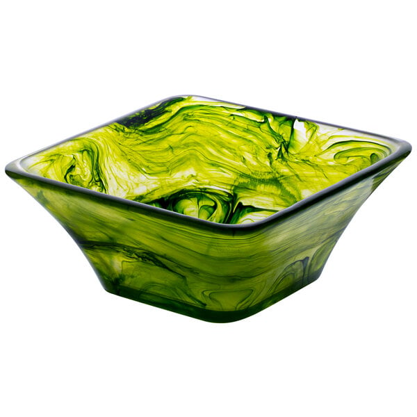 A green square Bon Chef Eden Resin bowl with swirls on the counter.