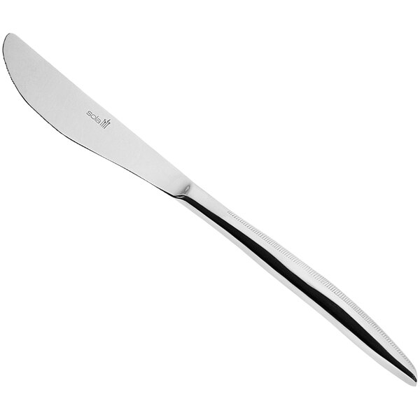 A Sola stainless steel table knife with a silver handle and curved blade.