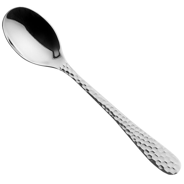 A Sola stainless steel demitasse spoon with a textured handle.