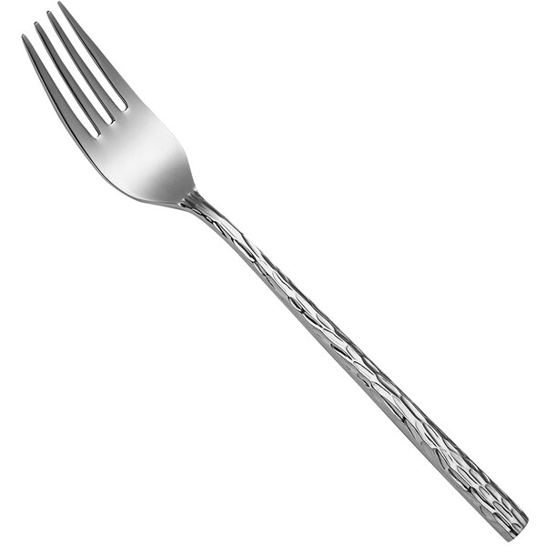 A Sola stainless steel dessert fork with a design pattern on the handle.