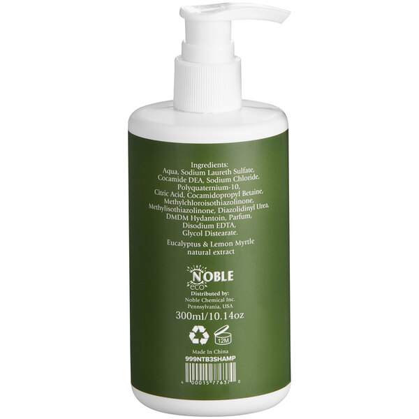 A white bottle of Noble Eco Novo Terra hotel shampoo with a green label.