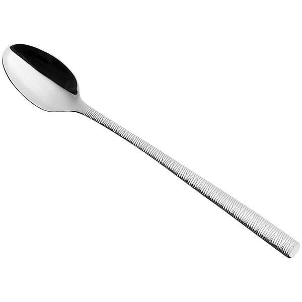 A Sola stainless steel iced tea spoon with a black handle.
