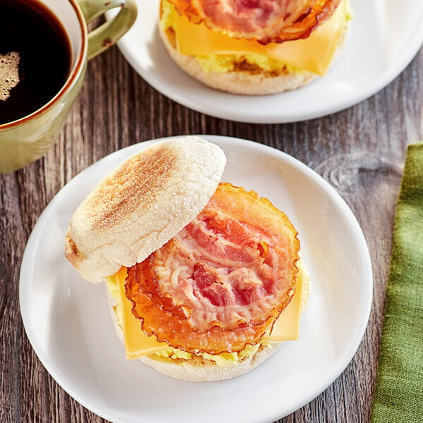 Two breakfast sandwiches with bacon and cheese on white plates.