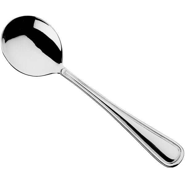 A Sola stainless steel round bowl soup spoon with a handle.