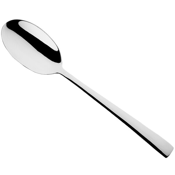 A Sola stainless steel dessert spoon with a silver handle.