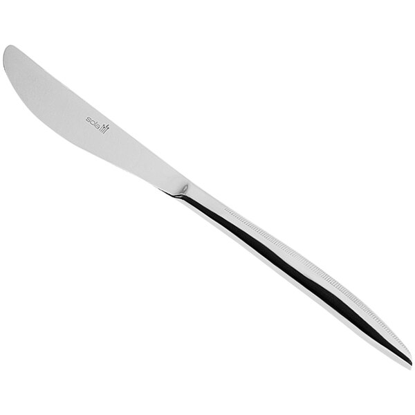 A Sola stainless steel butter knife with a silver handle and black blade.
