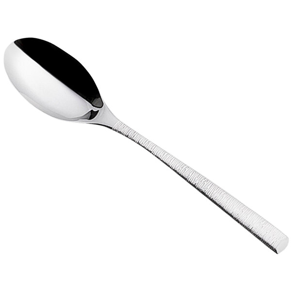A Sola stainless steel demitasse spoon with a shiny black handle.