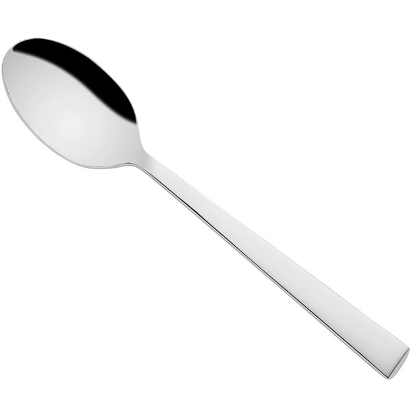 A Sola stainless steel dessert spoon with a black handle and silver spoon.
