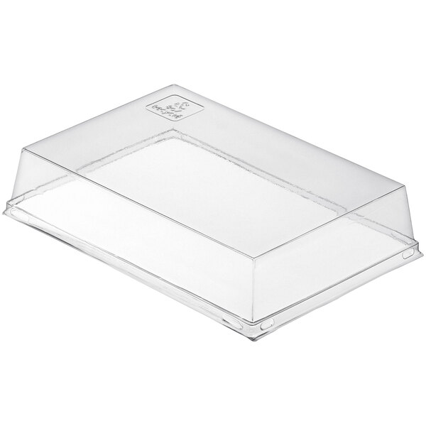 A clear rectangular Solia PET lid on a clear plastic container.