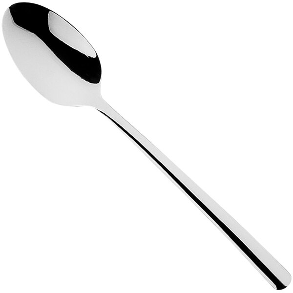 A Sola stainless steel demitasse spoon with a long silver handle.