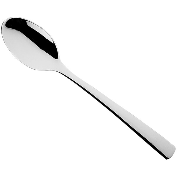 A Sola stainless steel demitasse spoon with a black handle and a silver bowl.