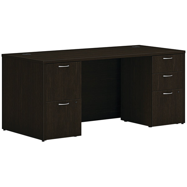 Hon Mod 30" x 66" Java Oak Laminate Desk with 2 Storage Pedestals