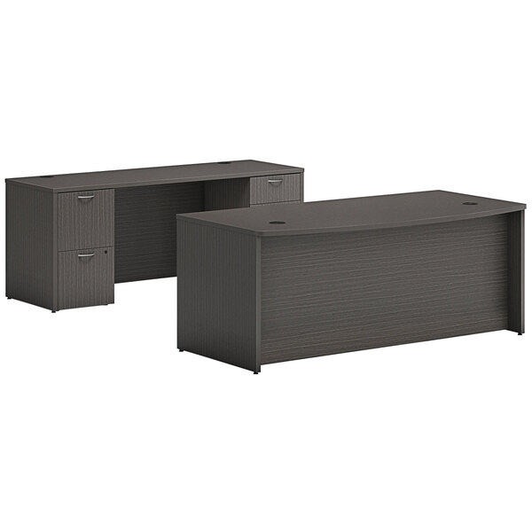 Hon Mod 36" x 72" Slate Teak Laminate Bow Front Desk with Credenza and