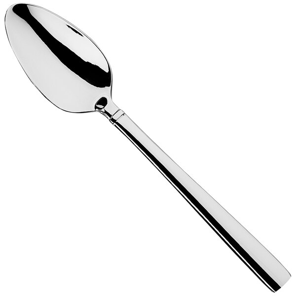 A Sola the Netherlands stainless steel dessert spoon with a long silver handle.