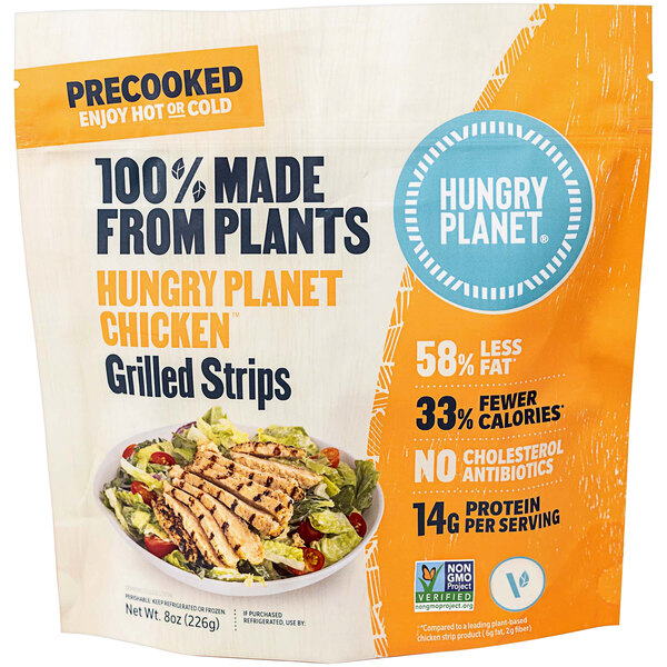 A package of Hungry Planet plant-based grilled chicken strips on a white surface.