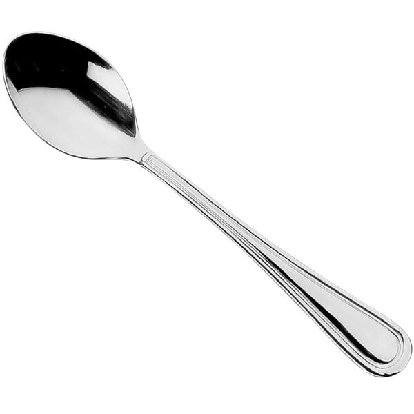 A Sola Windsor stainless steel demitasse spoon with a black handle and a silver bowl.