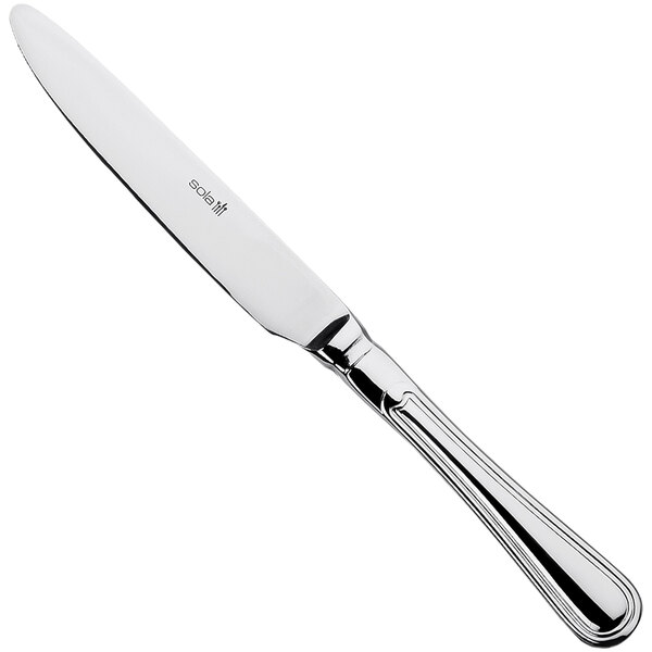 A Sola the Netherlands stainless steel dessert knife with a silver handle.