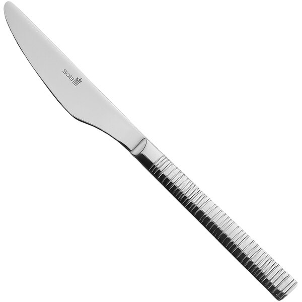 A Sola stainless steel dessert knife with a black handle and silver blade.
