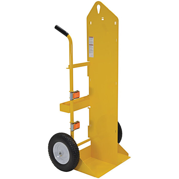 A yellow Vestil welding torch and cylinder cart with wheels and a handle.