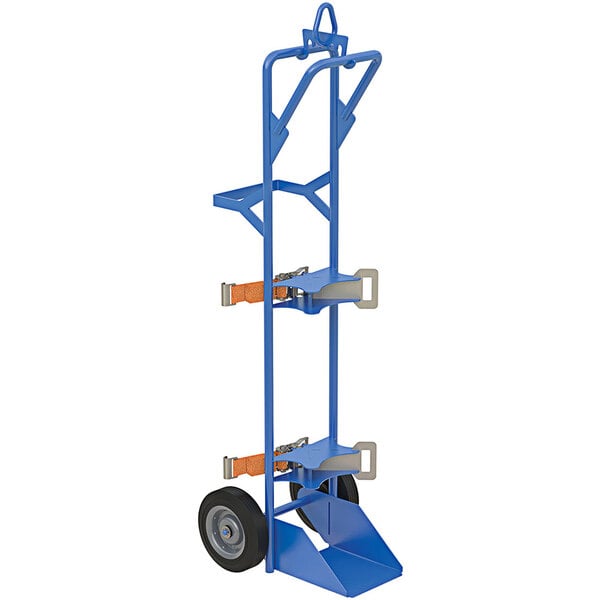 A blue Vestil hand truck with two black wheels.
