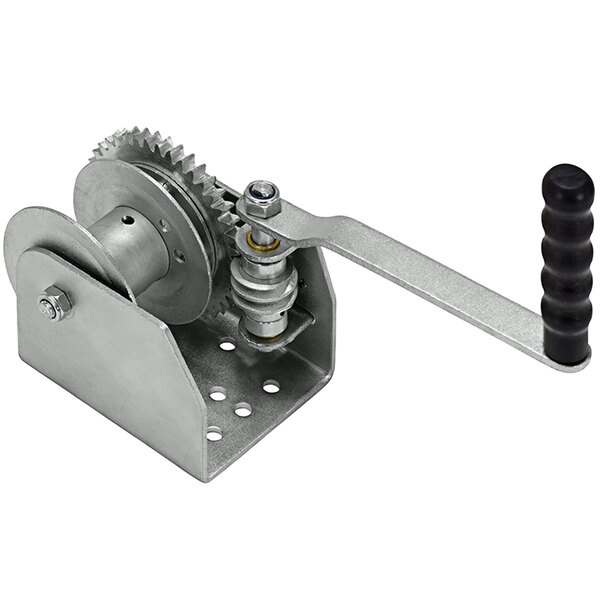 A Vestil steel wall mounted hand winch with a metal gear pulley and handle.