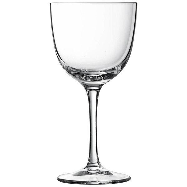 A clear Chef & Sommelier Nick and Nora wine glass with a stem.