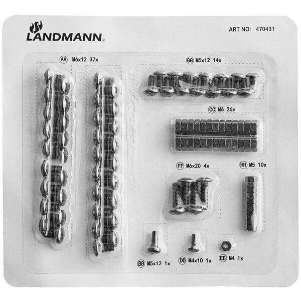 A plastic package of stainless steel screws and bolts for a Backyard Pro outdoor pellet grill.