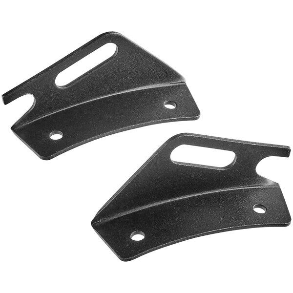 A pair of black metal Backyard Pro front shelf brackets with two holes.