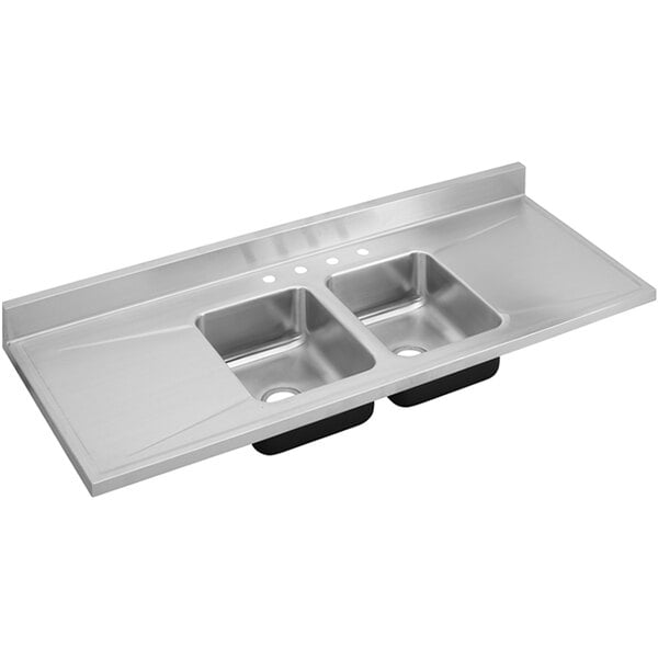 An Elkay stainless steel double bowl sink with four faucet holes.