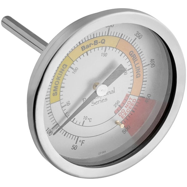 A close-up of a Backyard Pro thermometer with a yellow and red dial.