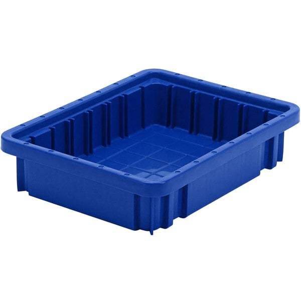 A blue heavy-duty plastic dividable container for industrial storage.