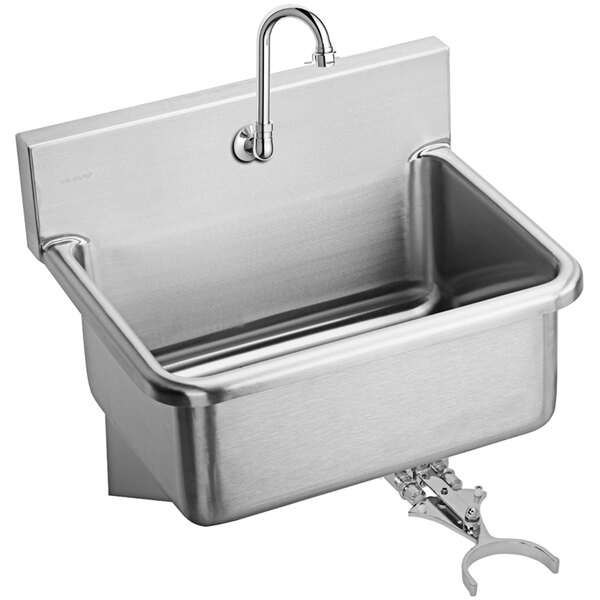 An Elkay stainless steel wall-mounted utility sink with a knee-operated faucet.