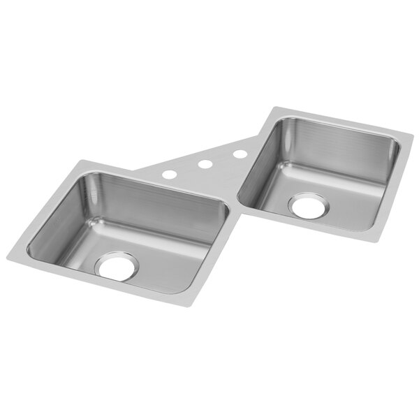A stainless steel Elkay double bowl undermount sink with three faucet holes.