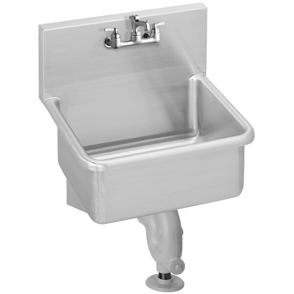 An Elkay stainless steel wall mounted utility sink with a faucet.