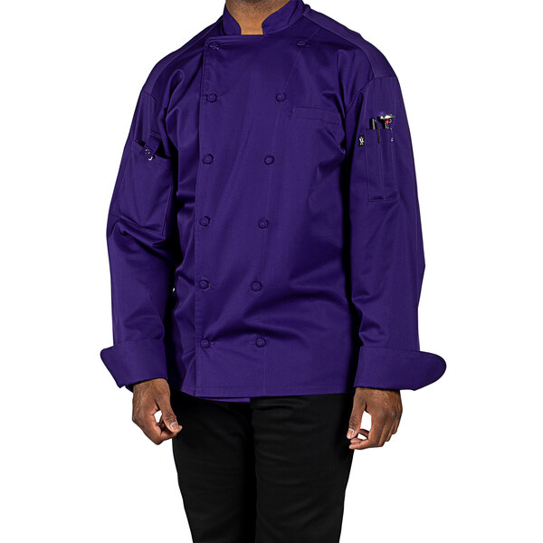 A man wearing a grape Uncommon Chef long sleeve chef coat with a mesh back.