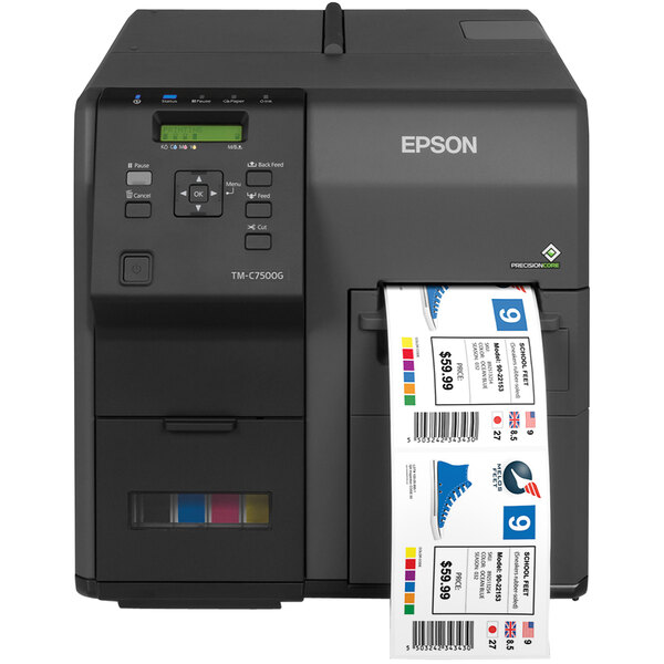 An Epson C7500G label printer printing a label.