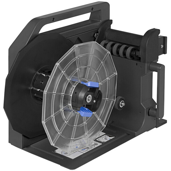 An Epson C7500 label printer with a clear plastic spool of paper on a black Epson rewinder.
