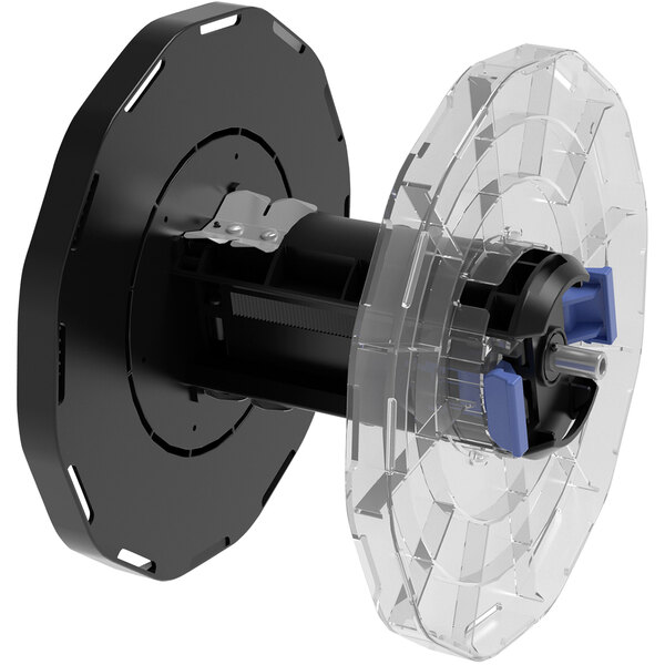 A close-up of a black and clear plastic spool with blue and silver parts.