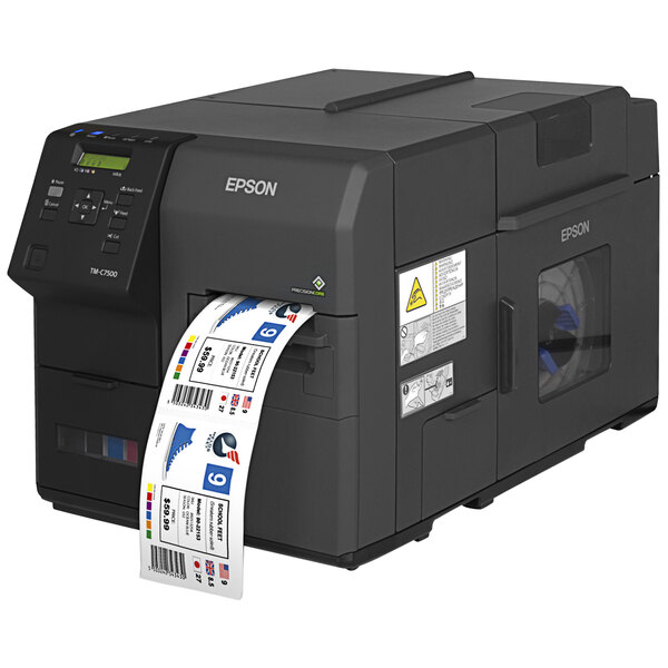 An Epson C7500 label printer printing a label.