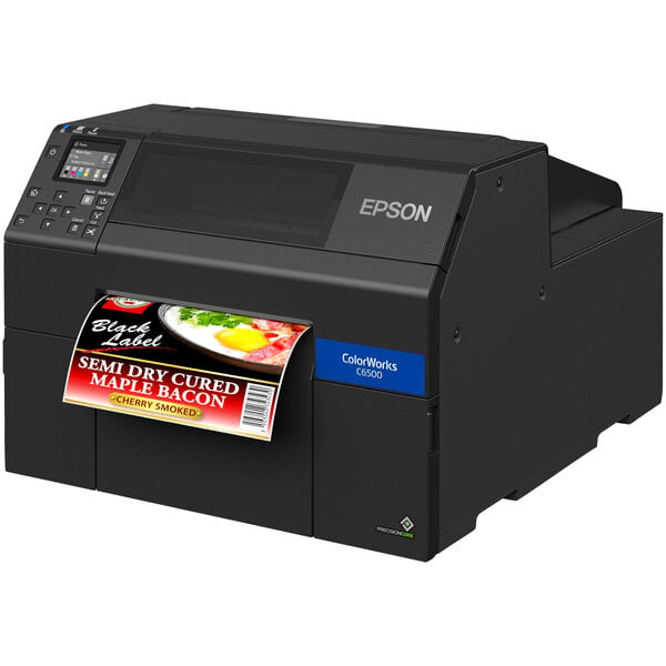 An Epson C-series color label printer printing a label.
