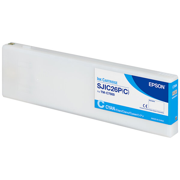 A white rectangular Epson ink cartridge with a blue and white label for cyan ink.
