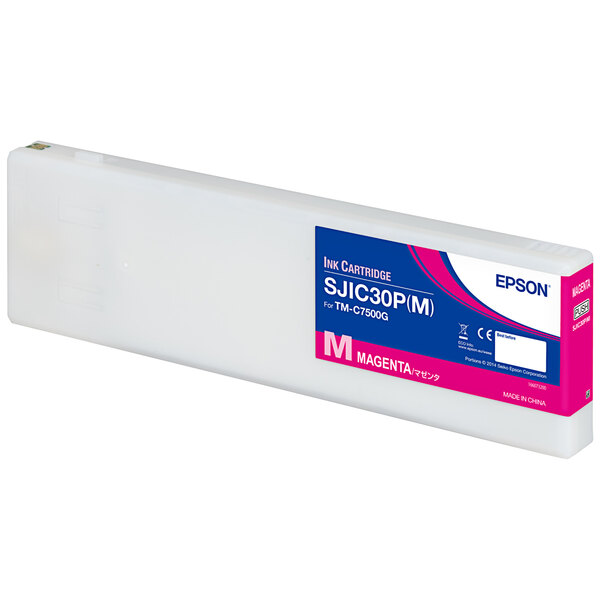 A white rectangular Epson ink cartridge with a magenta label.
