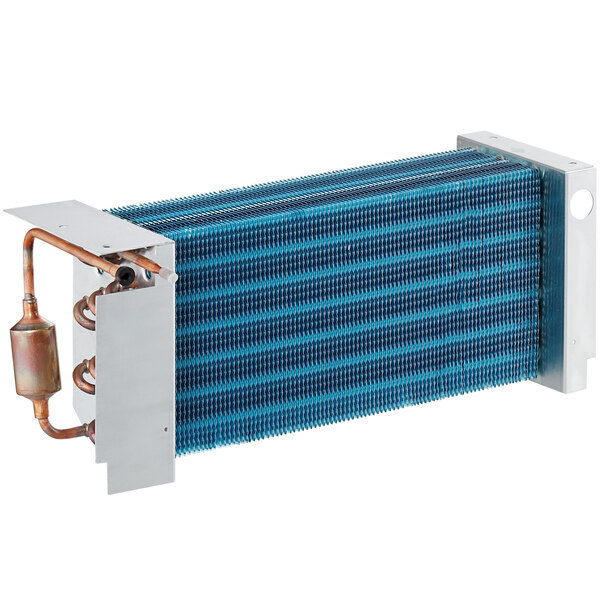An Avantco evaporator coil with a blue and silver heat exchanger and copper tubing.