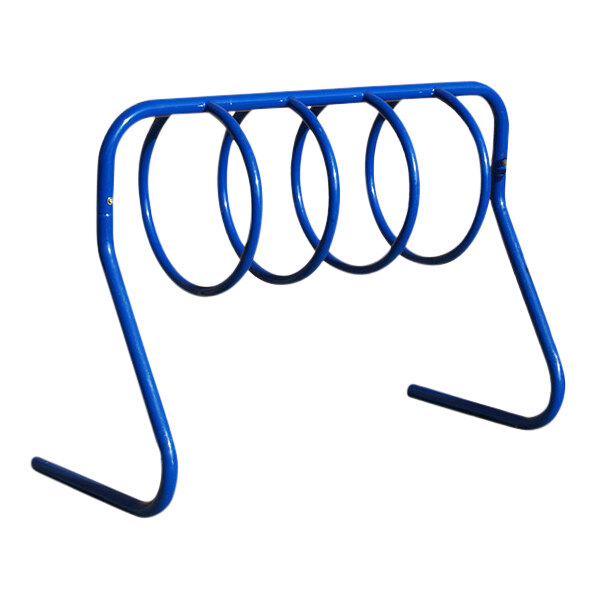 A blue Paris Furnishings surface mount bike rack with four loops.