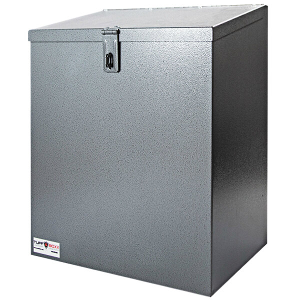 A TuffBoxx ParcelBoxx, a grey metal box with a latch.